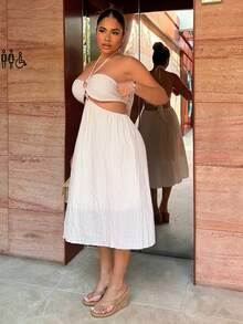 Maria Perezxox Vacation Casual Solid Color Backless Halter Neck Dress Party Elegant Summer - Apricot - View 3