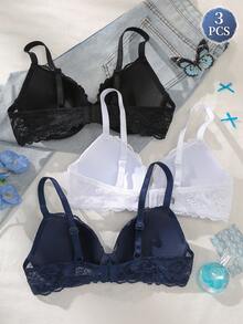 DesireSculpt 女款鋼圈性感蕾絲休閒舒適聚攏胸罩 3件組 - 彩色 - 查看 2