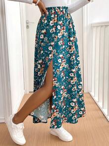 SHEIN PETITE CURVE 大尺碼黑色波西米亞花卉印花長裙，復古風，適合度假、音樂節、海灘旅行，送給媽媽的禮物，四季皆宜 - 彩色 - 查看 3