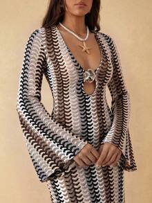 Silquee Spring/Summer Women's Mesh Knit V-Neck Long Sleeve Dress - Multicolor - View 4