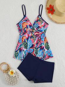 Swim Lushoire 女款夏季海灘花卉印花分體式比基尼套裝，隨機印花 - 藏蓝色 - 查看 2