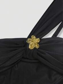 Swim Oasis 2026 Plus Size French One-Shoulder One-Piece Swimsuit For Women Tummy Control Slimming Gold Fairy Style Elegant Sexy Beach Vacation Swimwear Summer - Black - View 4
