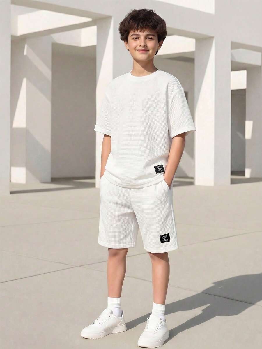 Boys' Summer Waffle Stripe Short Sleeve T-Shirt & Shorts 2-Piece Set, Designed For Active Boys, Made Of Premium Waffle Fabric, Gentle On Delicate Skin, Unique Waffle Texture Adds Fashionable Touch, Simple Round Neck Design For Easy Wear, Colorful Stripe Pattern On Chest Full Of Vitality - White - View 1