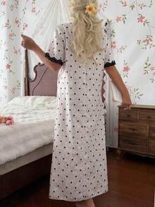 CottageSlumber Women's Standard Size Romantic Polka Dot Print Short Sleeve Nightgown, Lace Patchwork Design, Bow Tie Design, Comfortable Homewear - Apricot - View 2