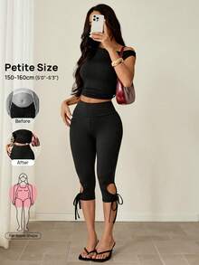 SHEIN PETITE Street High Leg Capri Leggings - Black - View 7