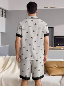 CoupledUp Men's Striped Bow-Print Pajama Set, Stylish Collared Short-Sleeved Color-Blocked Loungewear - Grey - View 7