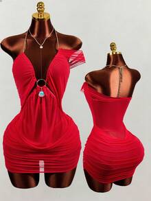 BamGleam Mistrie Women's Everyday Business, Casual, Elegant, Sexy, Vacation, Solid Color, Folded Shoulder, Metal Chain + Shell Accents Dress, Spring, Summer, Autumn Season. Women's Sexy Vacation Dress, Country Music Festival Attire, Women's Country Clothing, Women's Workwear, Social Event Dress. - Red - View 4