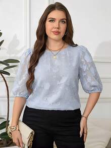 Reflora 大尺碼女款天藍色夏季優雅休閒風辦公時尚純色圓領上衣，女款休閒上班上衣 - 藍色 - 查看 7