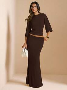 SHEIN BAE Women's Solid Color Backless Top Mermaid Skirt Elegant 2 Pieces Set Party Night Dark Brown Autumn - Coffee Brown - View 3