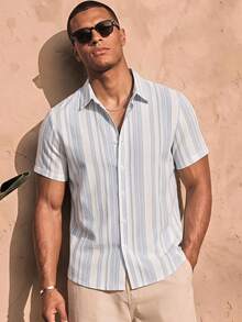 Ocevento Men's Blue Pinstripe Camp Collar Shirt, Short Sleeves. Relaxed Fit, Breathable Linen Blend. Deep V-Neck For Laid-Back Vibes. Your Go-To For Bea - Multicolor - View 1