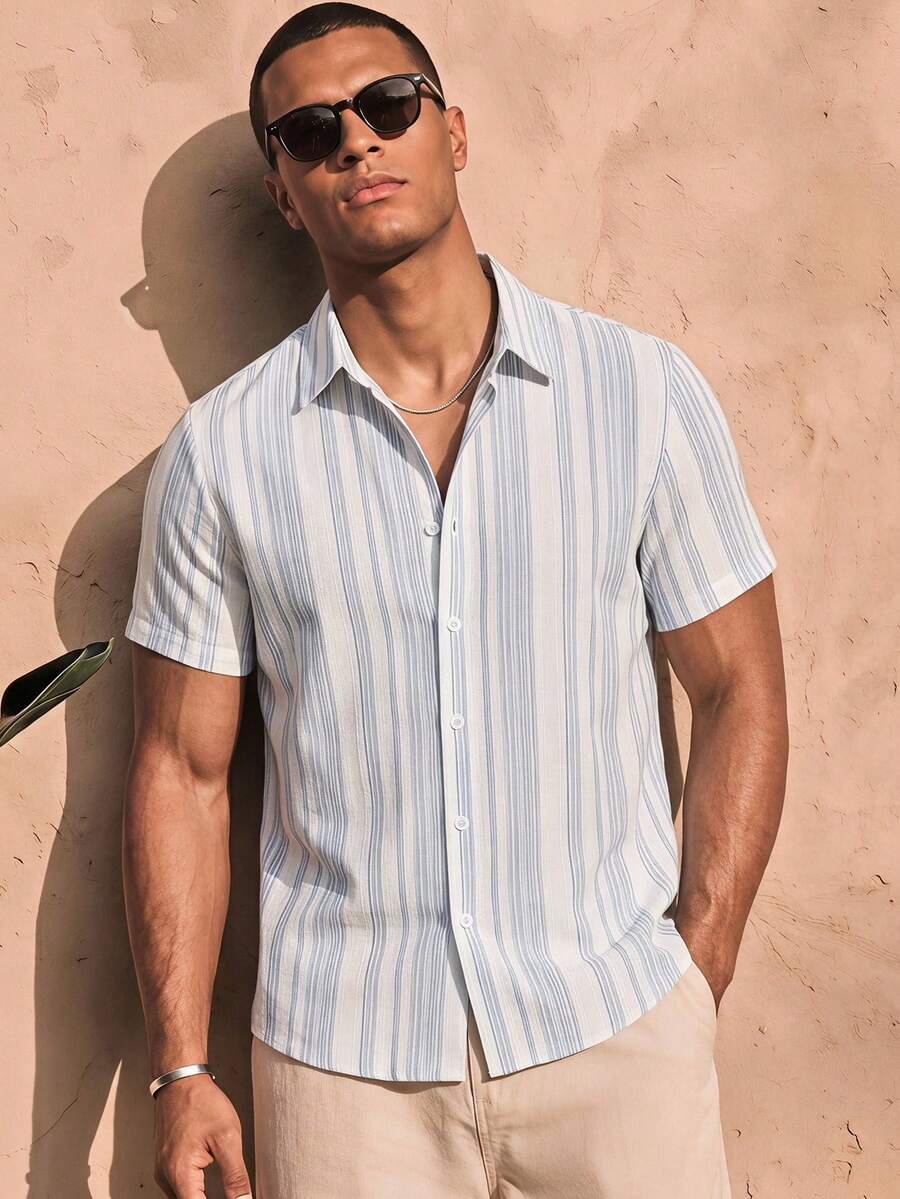Ocevento Men's Blue Pinstripe Camp Collar Shirt, Short Sleeves. Relaxed Fit, Breathable Linen Blend. Deep V-Neck For Laid-Back Vibes. Your Go-To For Bea - Multicolor - View 1