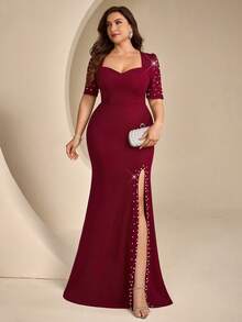 Coutiva Plus Size Women's Faux Pearl Decorated Side Slit Hem Elegant Classy Formal Wedding Evening Gown (Heavy Workmanship) Burgundy Autumn Wedding - Burgundy - View 1