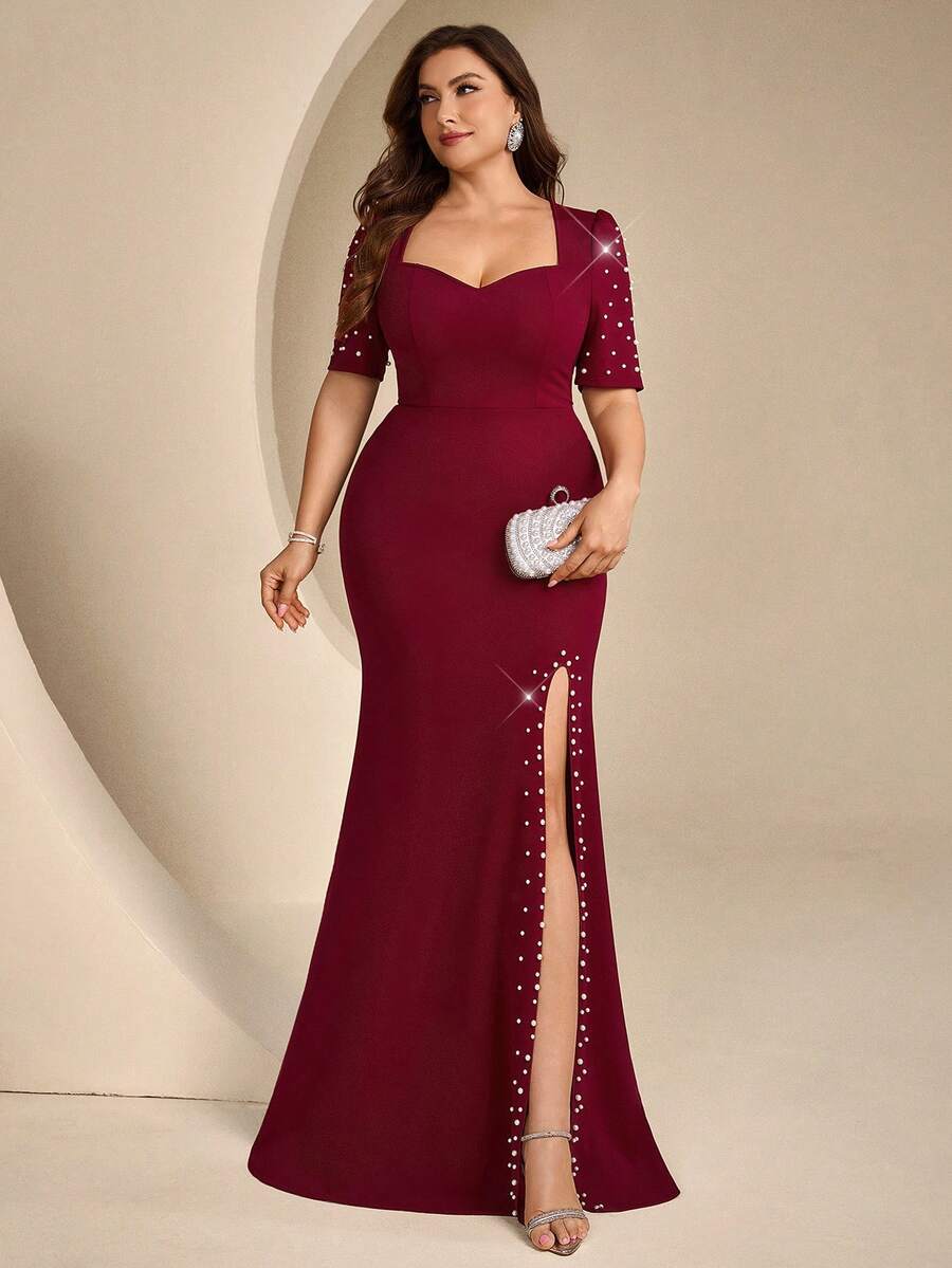 Coutiva Plus Size Women's Faux Pearl Decorated Side Slit Hem Elegant Classy Formal Wedding Evening Gown (Heavy Workmanship) Burgundy Autumn Wedding - Burgundy - View 1