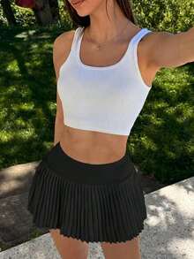 Fluxe Solid Color Knit Pleated Sports Skirt/Shorts - Black - View 2