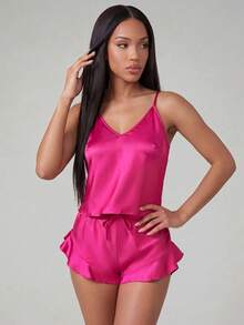 Silforma Women Satin Camisole & Shorts Pajama Set - Hot Pink - View 3