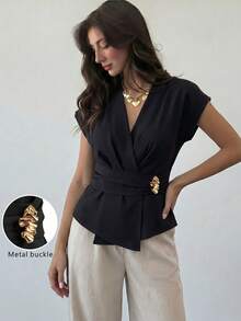 Modelyn Lady's Asymmetrical Waistline Pleated Shirt Metal Decorations Waist-Revealing Daily Commuting Office Dinner Teachers' Day Black Summer Elegant - Black - View 4