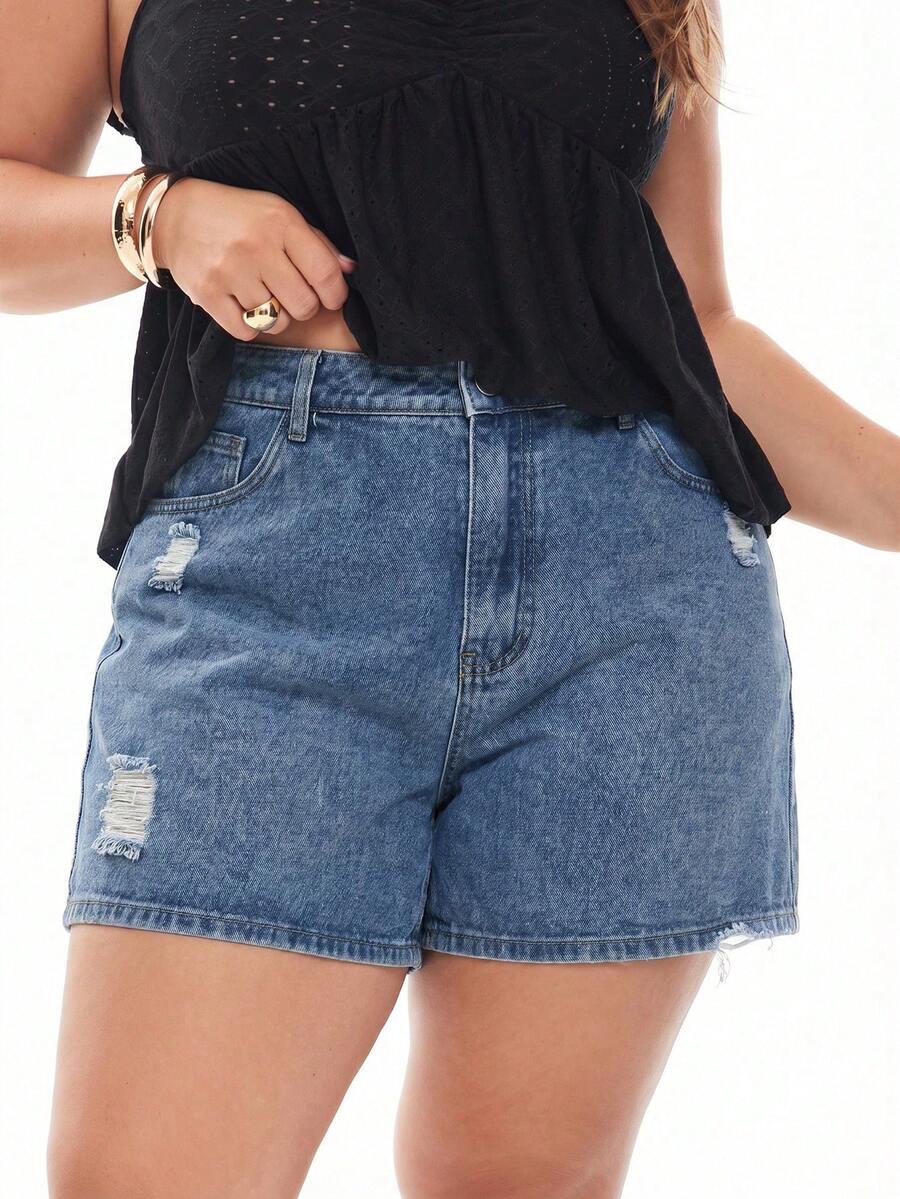 Rivivi Plus Size Summer Casual Distressed Denim Shorts - Blue - View 1