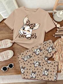 Cream Beige, Cute Sweet Leopard Bow Animal Rabbit & Bear Print, Young Girls Comfortable - Multicolor - View 2