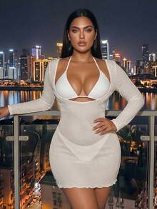 Swim SXY Vestido de cubrir de talla grande de unicolor con cuello redondo (Traje de baño no incluido) - Blanco - Ver 3
