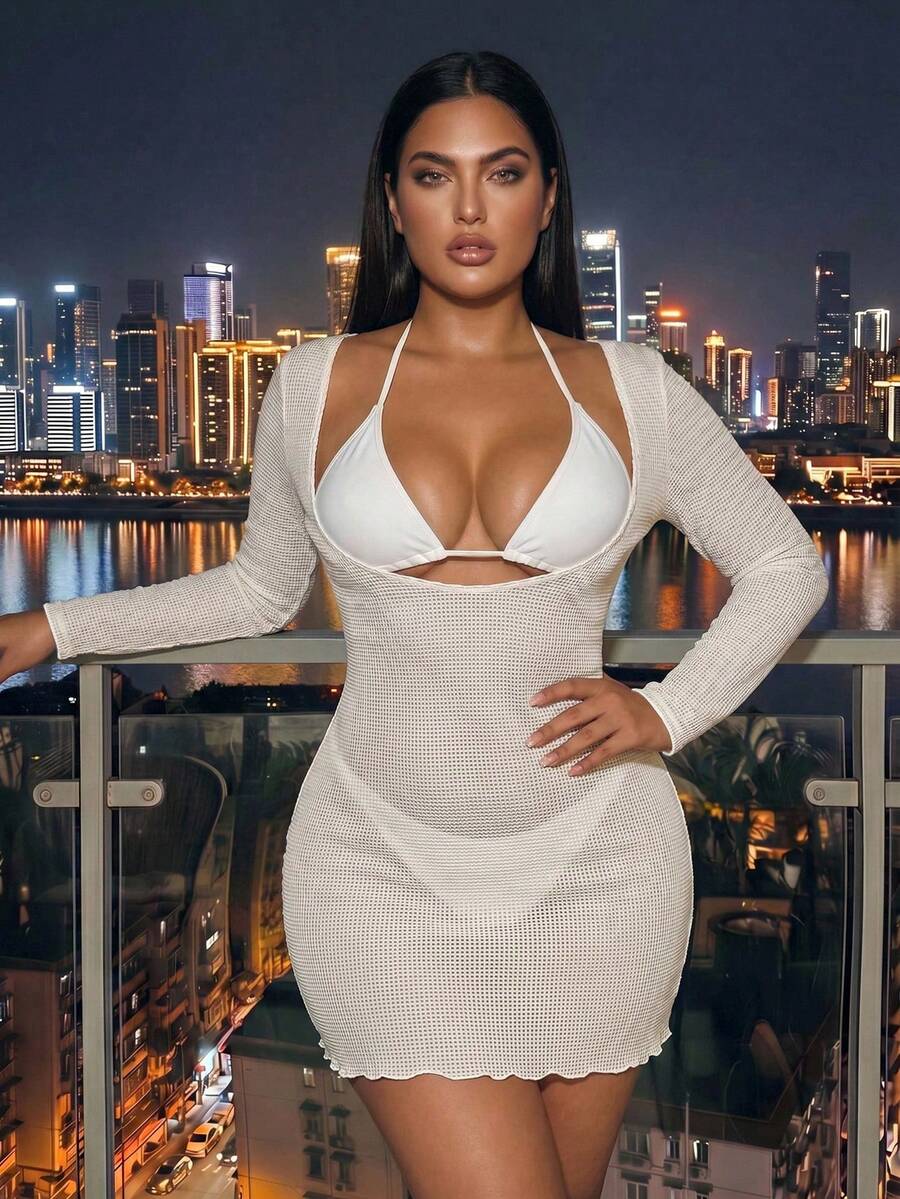 Swim SXY Plus Size Solid Color Round Neck Cover-Up Dress (Swimsuit Set Not Included) - White - View 1