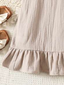 Young Girl Casual Fashion Woven Round Neck Sleeveless Ruched A-Line Dress - Apricot - View 3