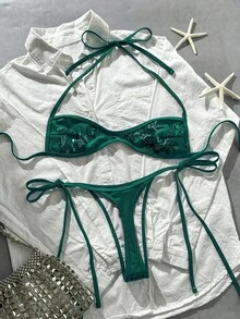 Costavie 2件組春夏海灘度假花卉亮片紋理面料掛脖抹胸上衣與側綁繩丁字比基尼套裝 - 綠色 - 查看 5