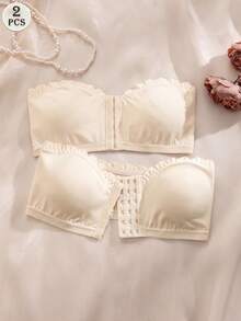 SHEIN Apricot Women's Bra Set, Front Closure Wavy Edge Push-Up Removable Padded Cups, 2pcs - Apricot - View 3