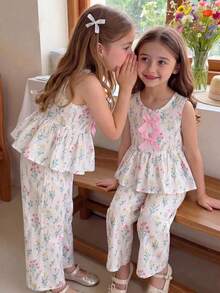 SHEIN Elladie kids 女童碎花两件套，粉色蝴蝶结装饰无袖上衣+配套阔腿裤，甜美可爱休闲装，夏季 - 白色 - 查看 3