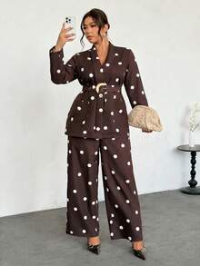 Firerie Plus Size Fashion Commuter Polka Dot Print Jacket & Pants Suit Set Fall/Winter Elegant Office Business Work Suit Sets Women Elegant Polka Dot Suit Set - Coffee Brown - View 8
