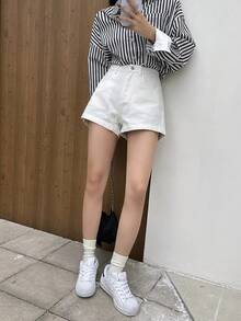 DAZY 女士纯色直筒牛仔短裤 - 白色 - 查看 5
