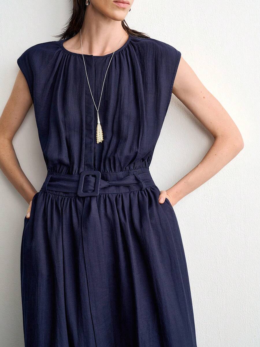 Aalyst Women's Solid Color Faux Linen Round Neck Loose Fit Button-Front Cinched Waist A-Line Dress Side Pockets Cap Sleeves Navy Blue Elegant Casual Office