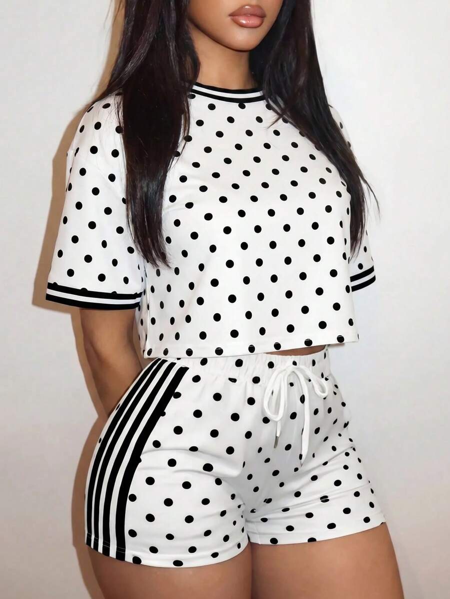 Slaydiva Setelan 2 Potong Kaos dan Celana Pendek Motif Polkadot Kasual Musim Panas untuk Wanita - MultiWarna - View 1