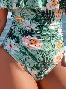 Swim Lushoire Spring/Summer Tropical Floral Print Ruffle Off-Shoulder Side Ruched One-Piece Swimsuit For Women, Festival Boho - Multicolor - View 3