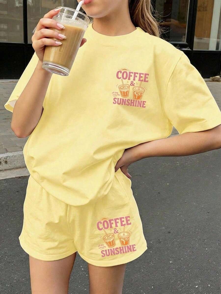 Tween女孩休閒簡約卡通印花短袖上衣與短褲兩件套,適合夏季 - 彩色 - 查看 1