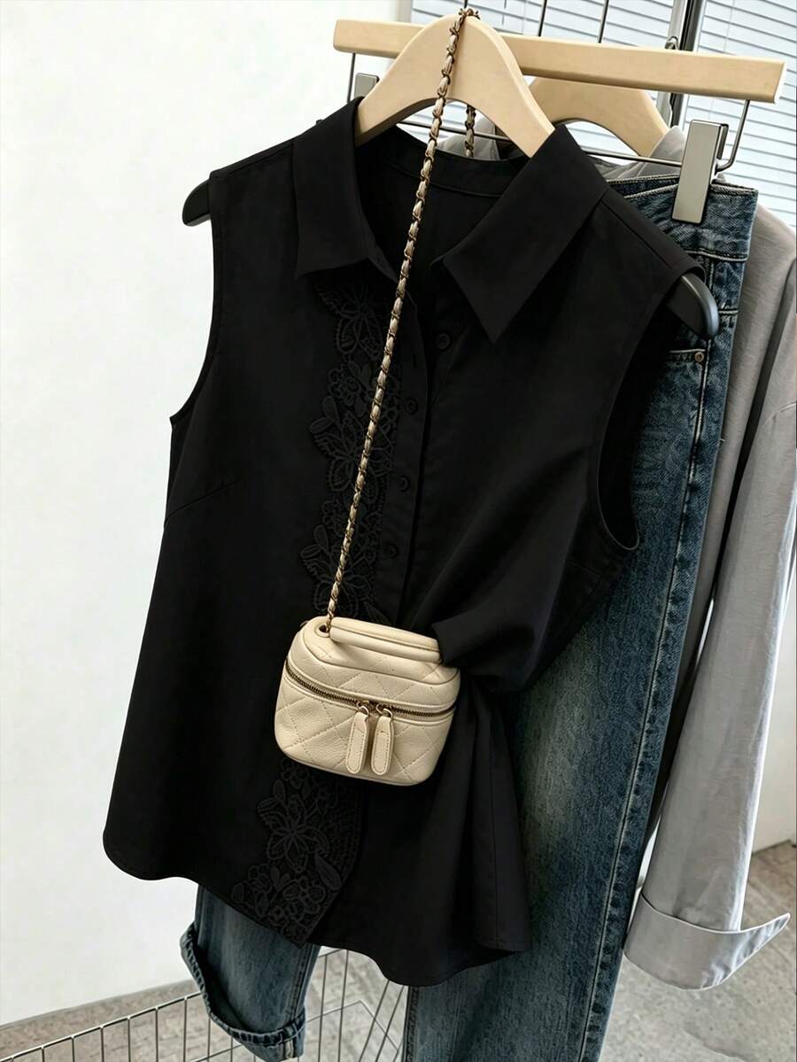 GlowEve CURVE Plus Size Women Solid Color Contrast Lace Single-Breasted Elegant Vest Shirt - Black - View 1