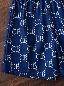 SHEIN Casuvi Kids 男童 CB 字母印花襯衫套裝，休閒 2 件套穿搭 - 藏蓝色 - 查看 4
