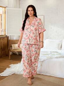 Serenescape Plus Size Floral Print Short Sleeve & Long Pants Pajama Set With Ruffle Trim - Pink - View 6