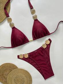 Swim Vcay Solid Color Halter Neck Tie, Waist Metal Trim Decor, Elegant Vacation Women's Swimwear Set - Burgundy - View 6