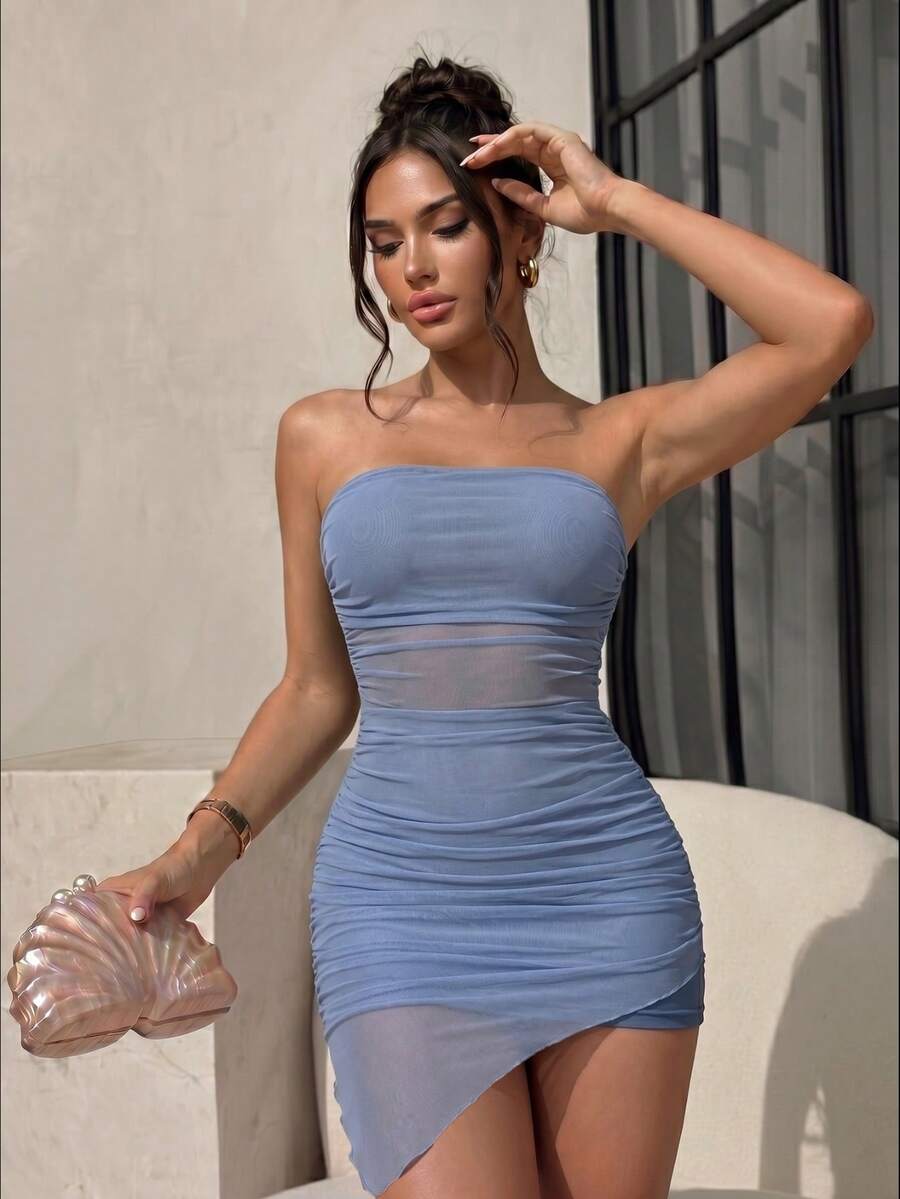 Sirith Women's Fashion Sexy Solid Color Asymmetrical Hem Bandeau Dress - Dusty Blue - View 1