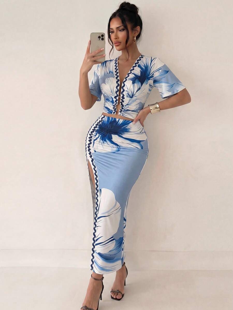 Sirith 2 件套花卉印花短款上衣和高开叉半身裙夏季度假优雅装 - 彩色 - 查看 1