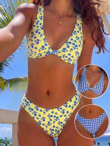 Swim Mod Women's Sexy Summer Vacation Beach Floral Colorful Plaid Reversible Low Cut Twist Front Swimwear Set - Multicolor - View 3