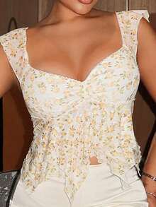 Maria Perezxox Summer Going Out Yellow Cute Babydoll Women Beach Vacation Hawaiian Floral Print Mesh Tank Top, Stylish For Summer - Yellow - View 6