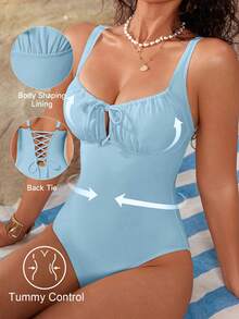 Shapewave Traje de baño de una pieza de unicolor para mujer para vacaciones y playa - Celeste - Ver 3