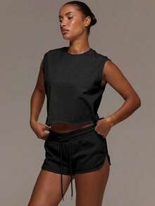 MUSERA ESSENTIALS Elasticated Tie Drawstring Waist Contrast Piped Hem Sweat Mini Shorts Cute Everyday Basics Sexy Daily Spring Summer Essential - Black - View 6