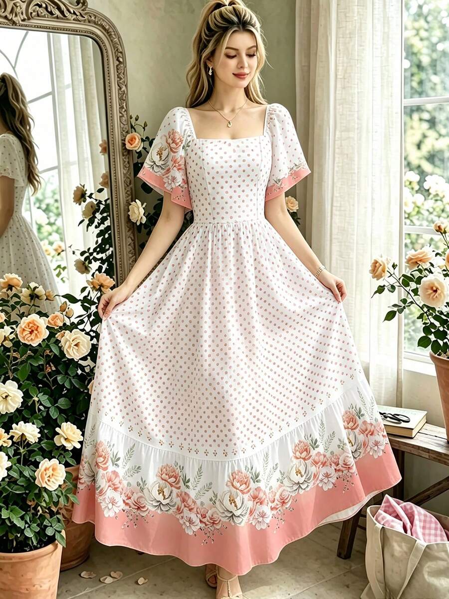 Modelyn 女士优雅波点渐变印花连衣裙,时尚方领泡泡袖荷叶边下摆设计,夏季度假风长裙 - 彩色 - 查看 1