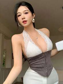 Joudiya Summer White Spaghetti Strap Music Festival Sexy Elegant Wedding Date Night Casual Vacation Beach Hollow Lace Trim Patchwork Women's Tank Top - Brown - View 7