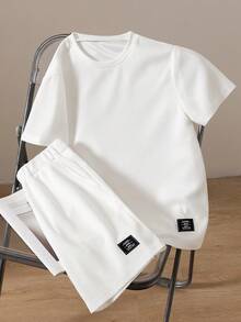 Boys' Summer Waffle Stripe Short Sleeve T-Shirt & Shorts 2-Piece Set, Designed For Active Boys, Made Of Premium Waffle Fabric, Gentle On Delicate Skin, Unique Waffle Texture Adds Fashionable Touch, Simple Round Neck Design For Easy Wear, Colorful Stripe Pattern On Chest Full Of Vitality - White - View 3
