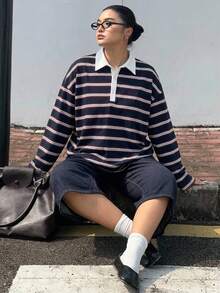 Dazy Plus 寬鬆街頭風拼色條紋 Polo 領長袖大尺碼女款 T 恤，秋季校園風 - 巧克力棕 - 查看 2