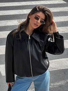 Muchica Women's Black PU Leather Bomber Jacket – Faux Leather Zip Up Short Jacket With Oversized Collar - الأسود - مشاهدة 2