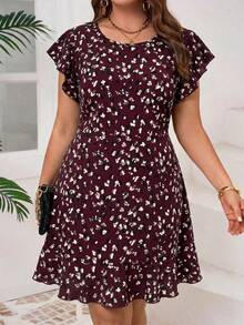 SHEIN Clasi Plus Size Casual Leopard Print Round Neck Ruffle Sleeve Dress - Red Violet - View 3
